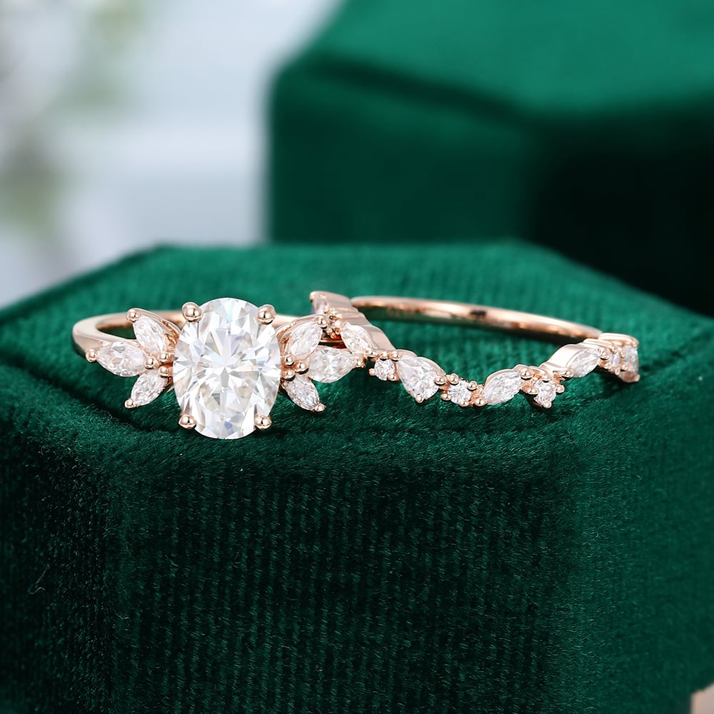 Rose Gold Oval Moissanite Engagement Ring Set