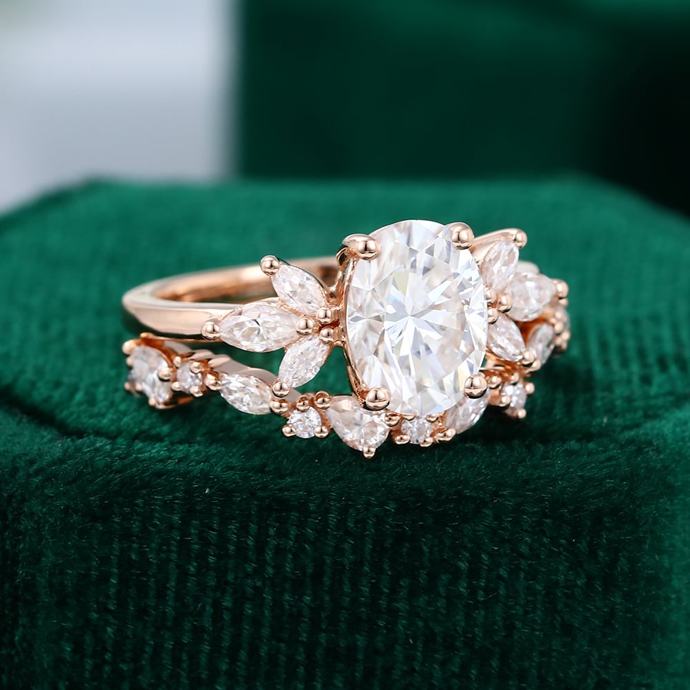 Rose Gold Oval Moissanite Engagement Ring Set