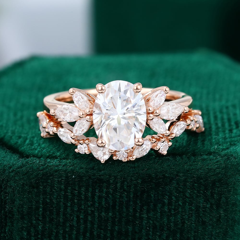 Rose Gold Oval Moissanite Engagement Ring Set