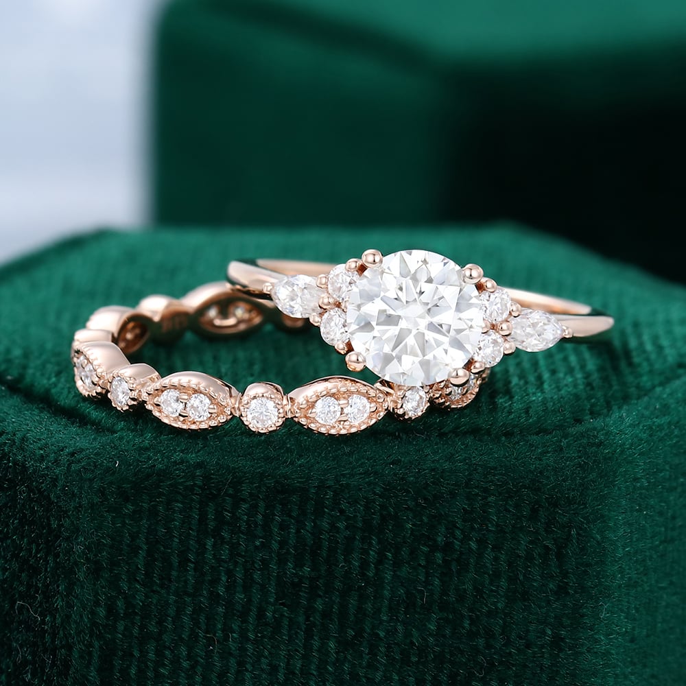 Rose Gold Round Cut Moissanite Bridal Set Wedding Promise Anniversary Dainty Ring