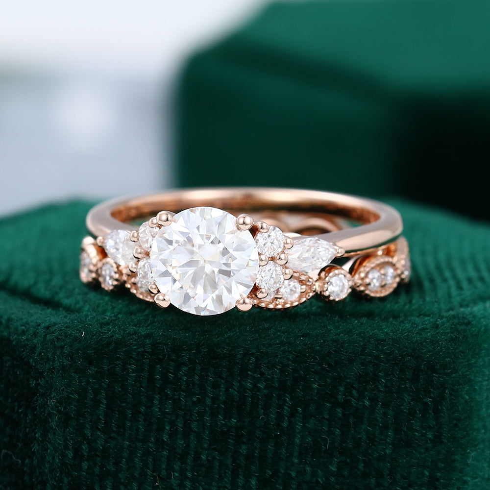 Rose Gold Round Cut Moissanite Bridal Set Wedding Promise Anniversary Dainty Ring