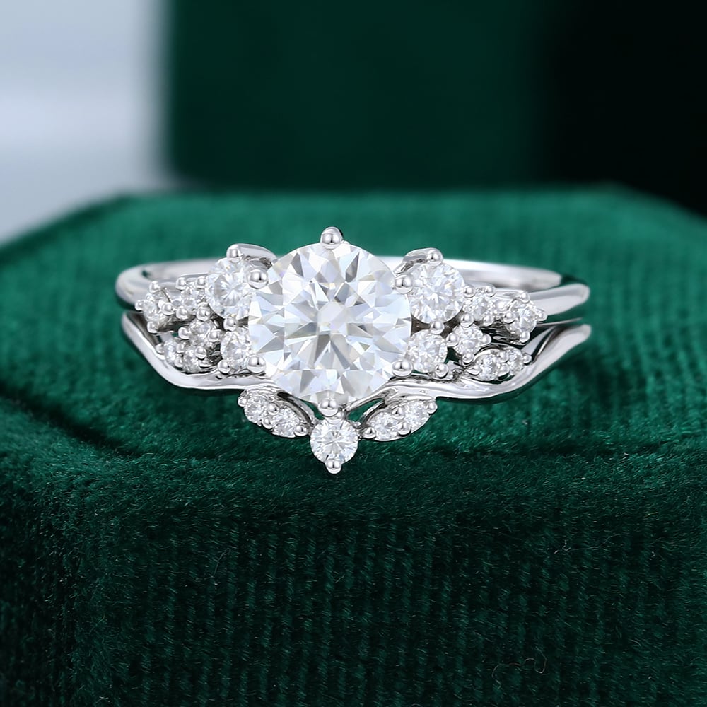 Snowdrift Round Moissanite Engagement Ring Set Cluster Bridal Ring Set