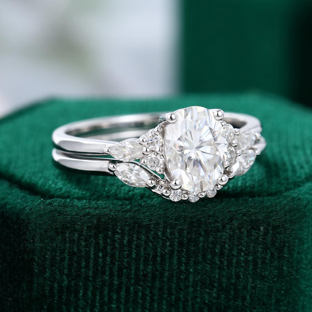 Oval Cut Moissanite Ring With Curved Wedding Band Bridal Set