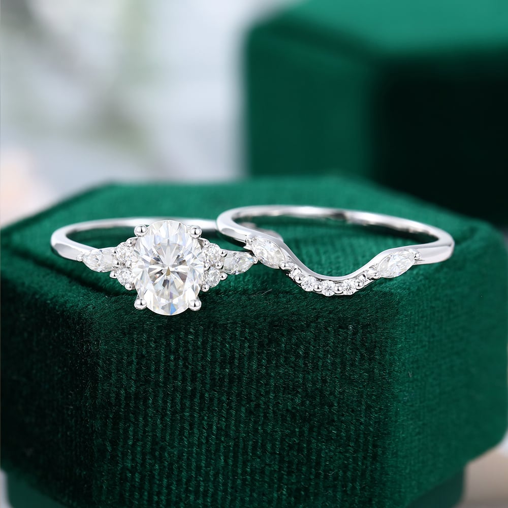 Oval Cut Moissanite Ring With Curved Wedding Band Bridal Set