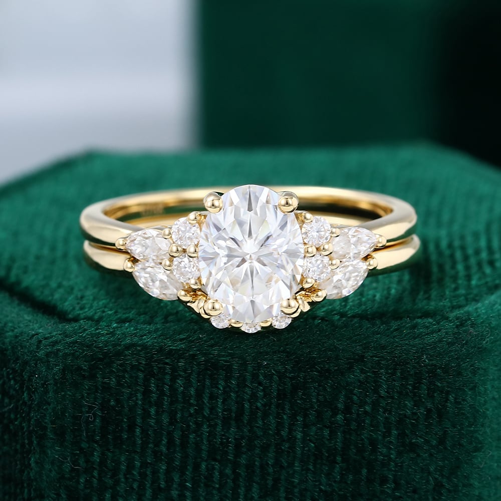 Oval Cut Moissanite Ring With Curved Wedding Band Bridal Set