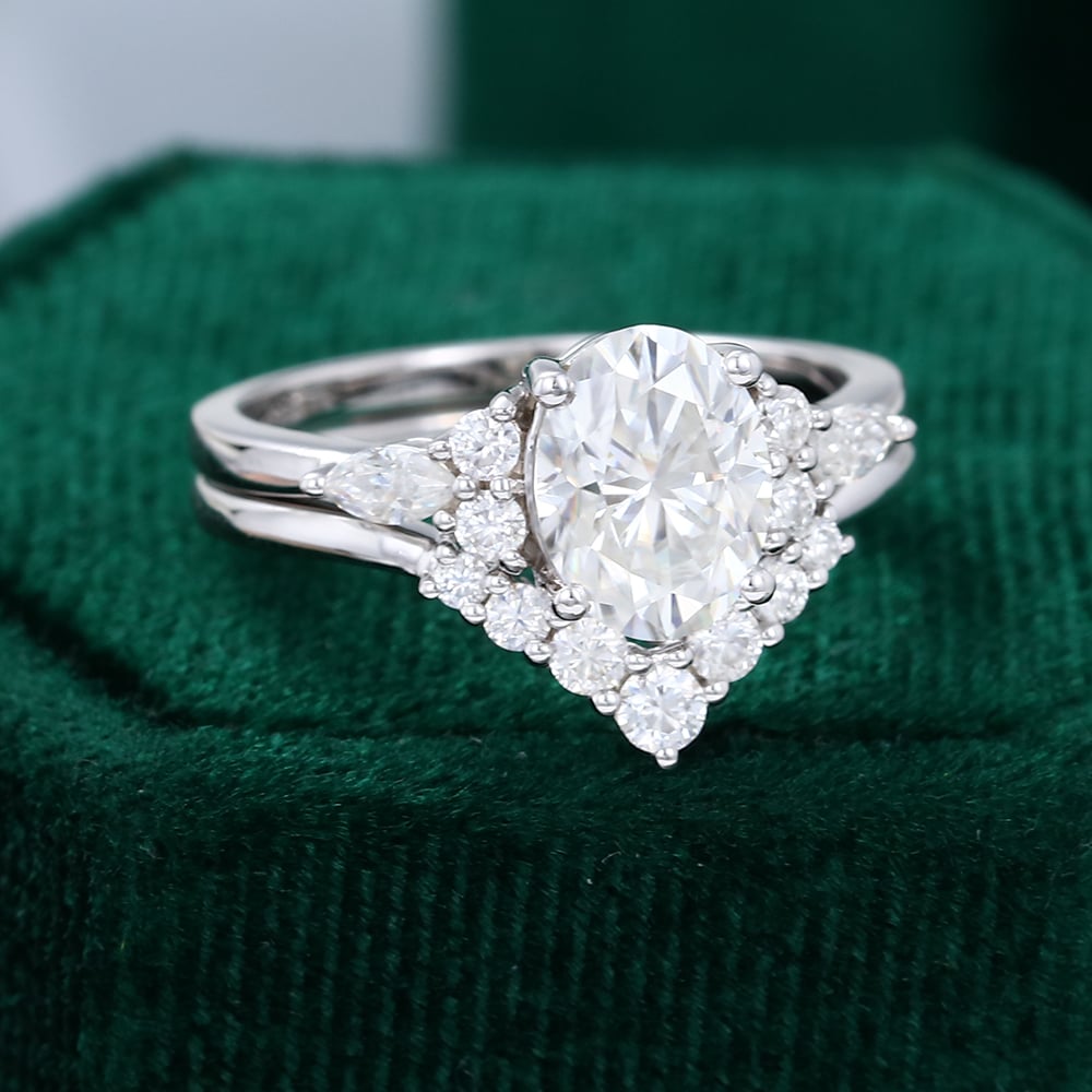 White Gold Oval Moissanite Engagement Ring Set