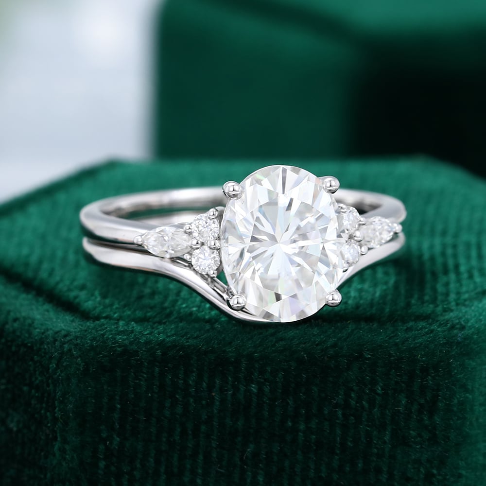 White Gold 3CT Oval Cut Moissanite Bridal Ring Set