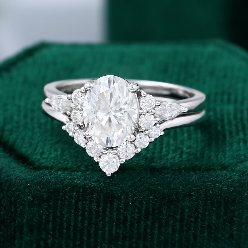 White Gold Oval Moissanite Engagement Ring Set
