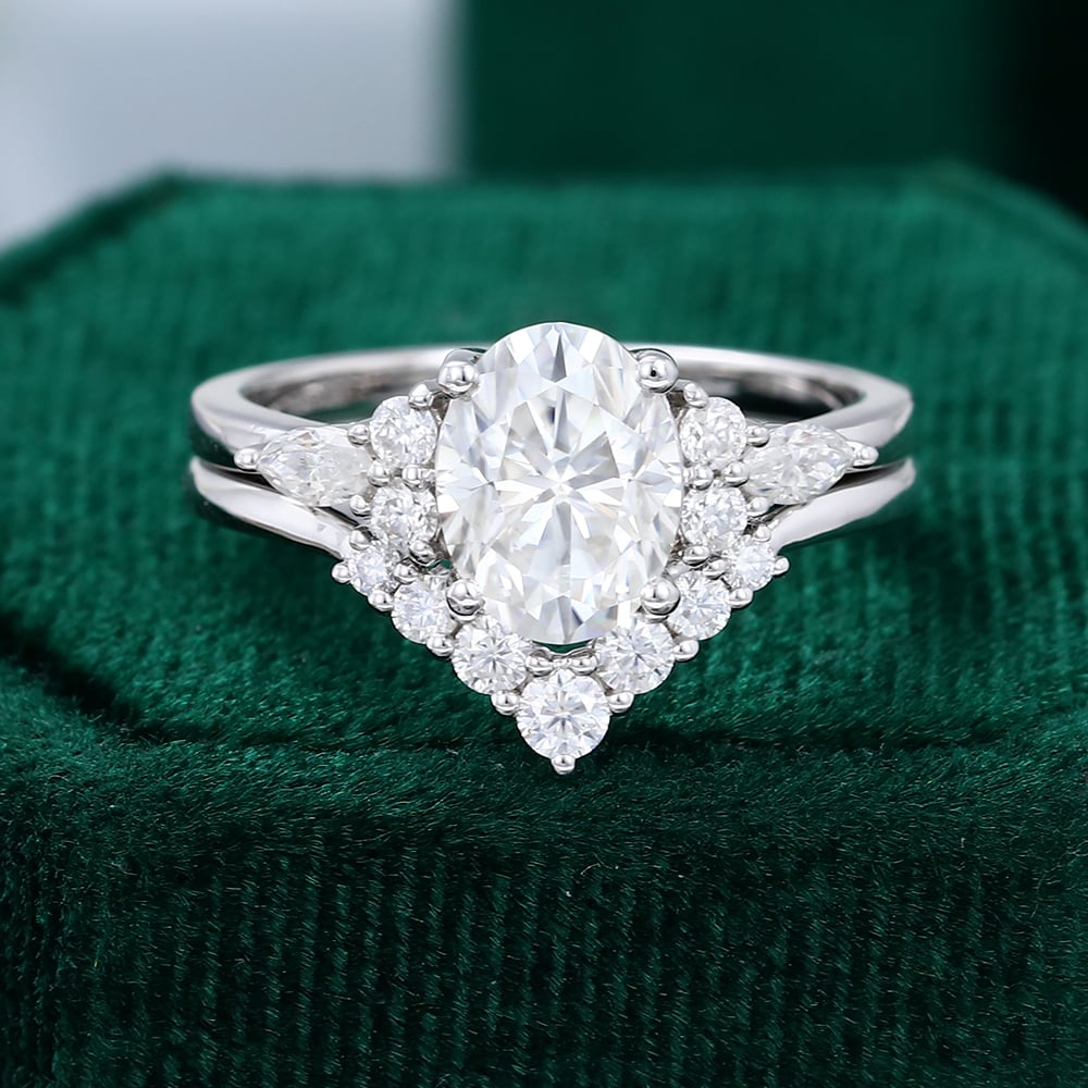 White Gold Oval Moissanite Engagement Ring Set