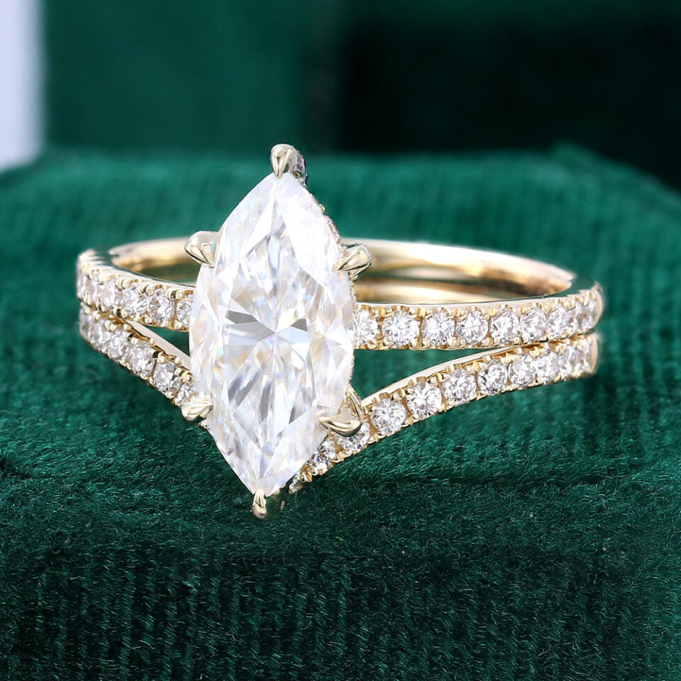 Marquise Cut Moissanite Hidden Halo Engagement Ring With Half Eternity Pavé Band Bridal Ring Set