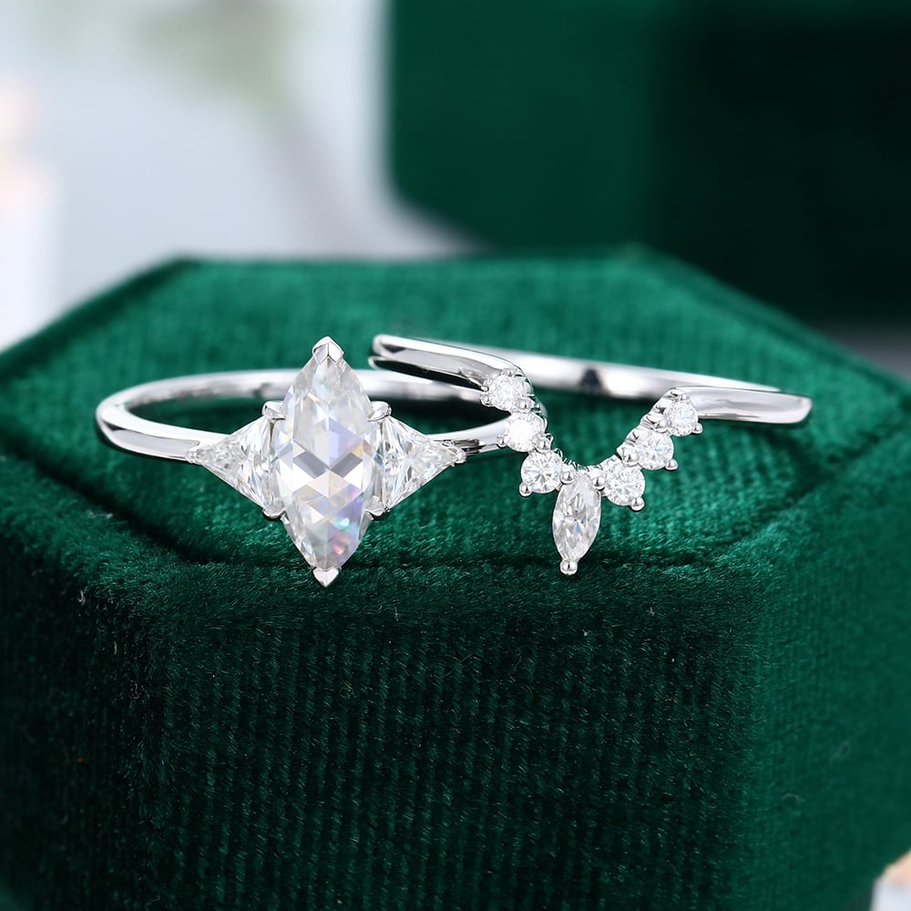 Unique Rose Cut Marquise Shaped Moissanite Engagement Ring Set