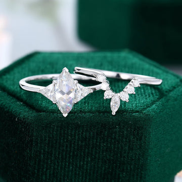 Unique Rose Cut Marquise Shaped Moissanite Engagement Ring Set