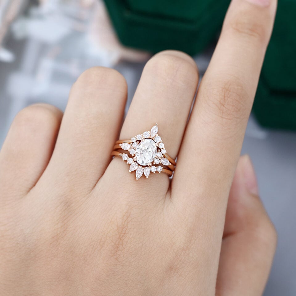 3 Piece Oval Cut Moissanite Rose Gold Engagement Ring Set