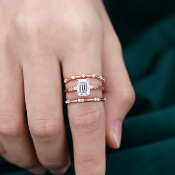 3PCS Emerald Cut Moissanite Rose Gold Diamond Engagement Ring Set
