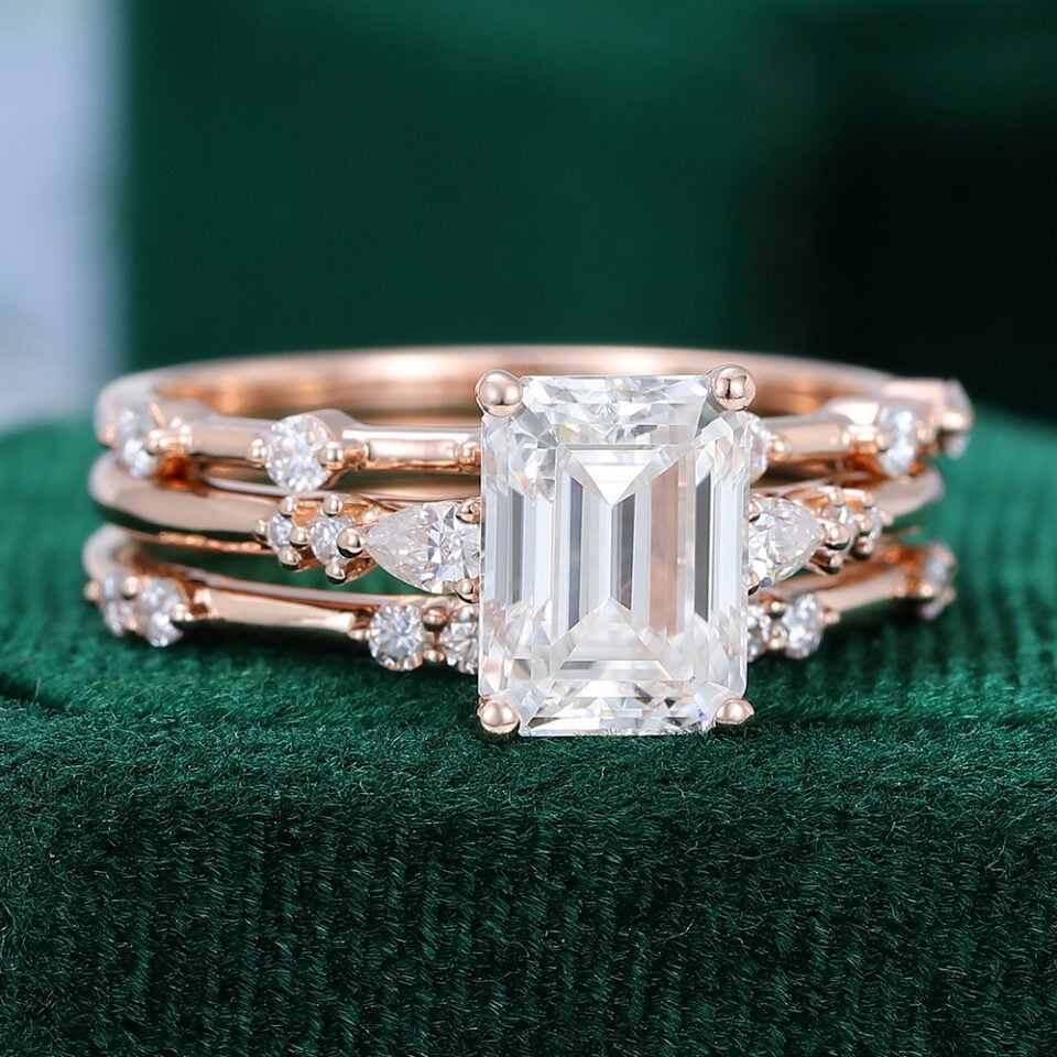 3PCS Emerald Cut Moissanite Rose Gold Diamond Engagement Ring Set