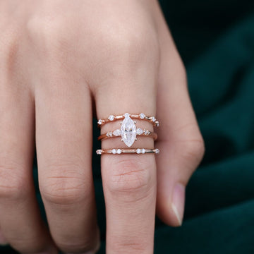 3PCS Marquise Cut Moissanite Rose Gold Diamond Engagement Ring Set