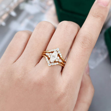 3PCS Marquise Cut Moissanite Yellow Gold Cluster Engagement Ring Set