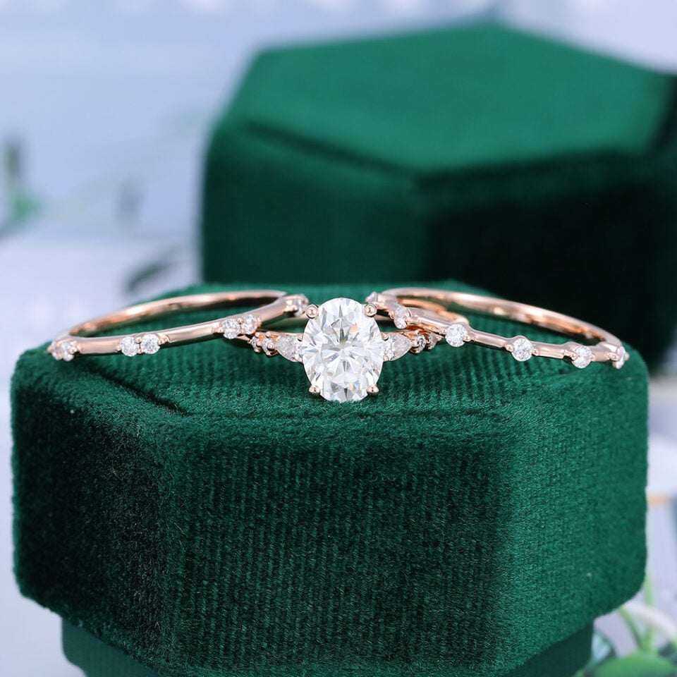 3PCS Oval Cut Moissanite Rose Gold Diamond Engagement Ring Set