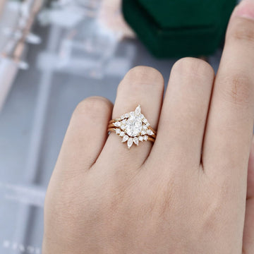 Yellow Gold Oval Cut Moissanite And Diamond Cluster Engagement Ring Set