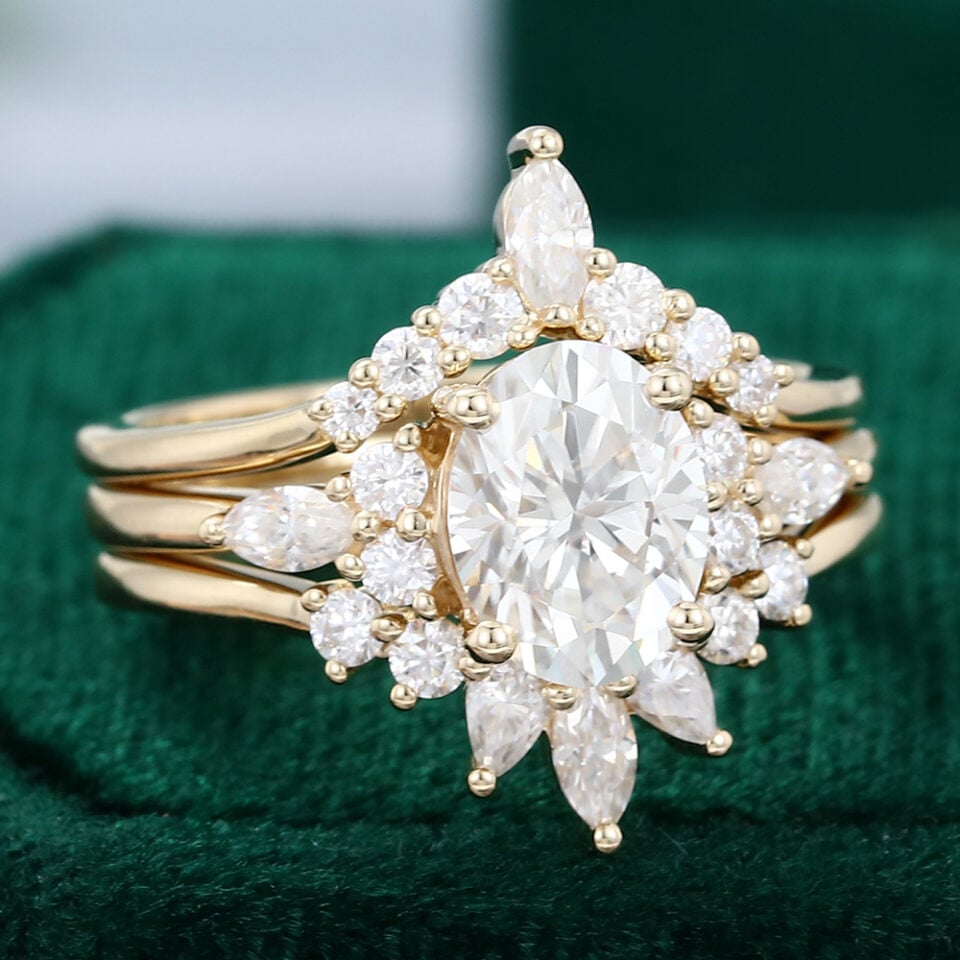 Yellow Gold Oval Cut Moissanite And Diamond Cluster Engagement Ring Set