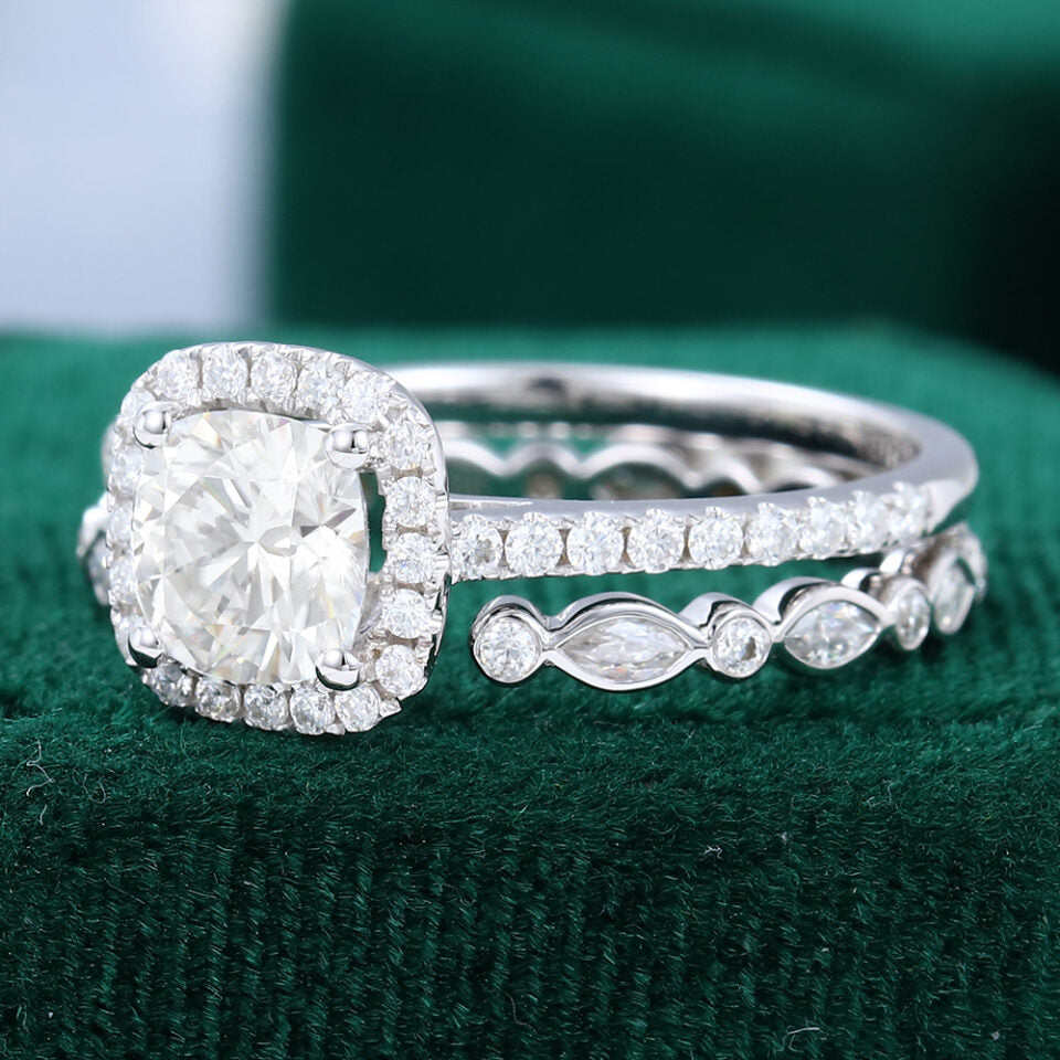 White Gold Cushion Cut Moissanite Half Eternity Open Band Engagement Ring Set