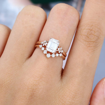 Emerald Cut Moissanite Criss Cross Diamond Accented Bridal Ring Set