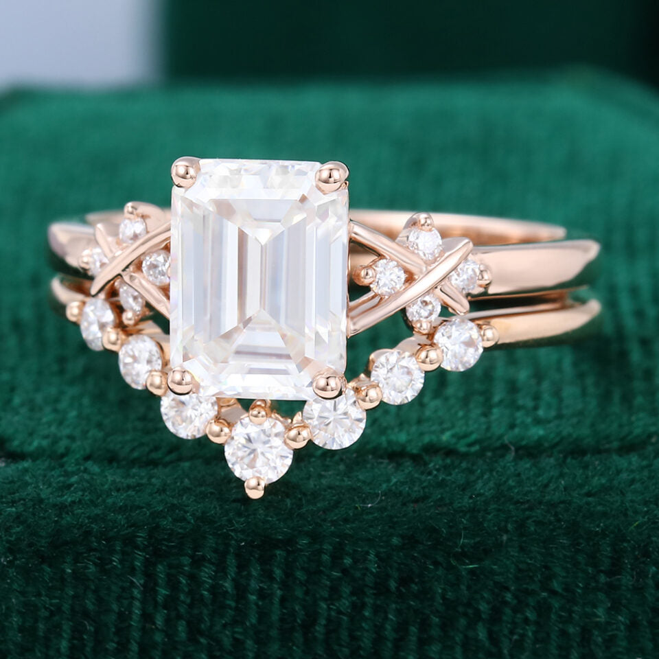 Emerald Cut Moissanite Criss Cross Diamond Accented Bridal Ring Set