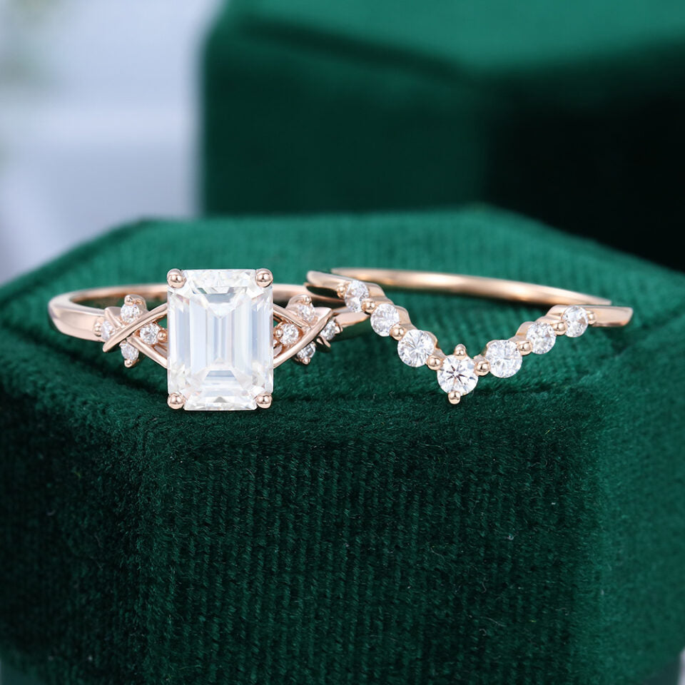 Emerald Cut Moissanite Criss Cross Diamond Accented Bridal Ring Set