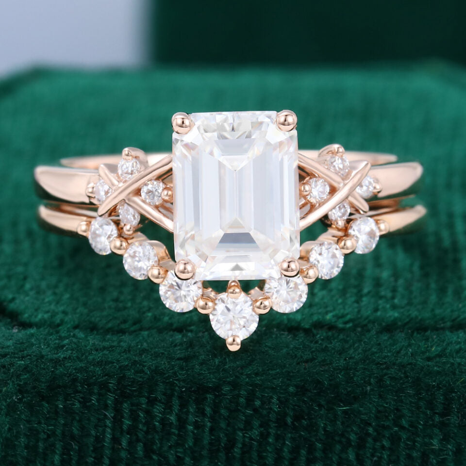 Emerald Cut Moissanite Criss Cross Diamond Accented Bridal Ring Set