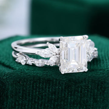 2.5CT Emerald Cut Moissanite Engagement Ring Set