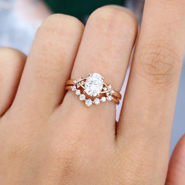 Oval Cut Moissanite Criss Cross Diamond Accented Bridal Ring Set