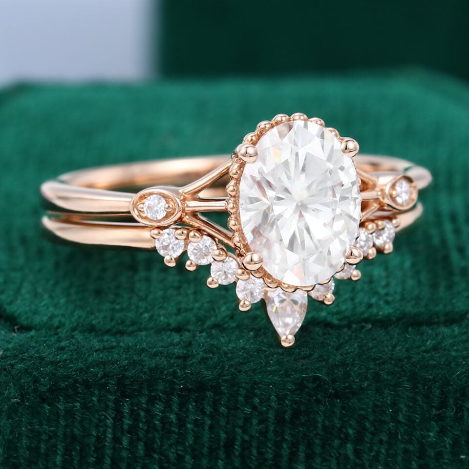 Oval Cut Moissanite Rose Gold Diamond Engagement Ring Set