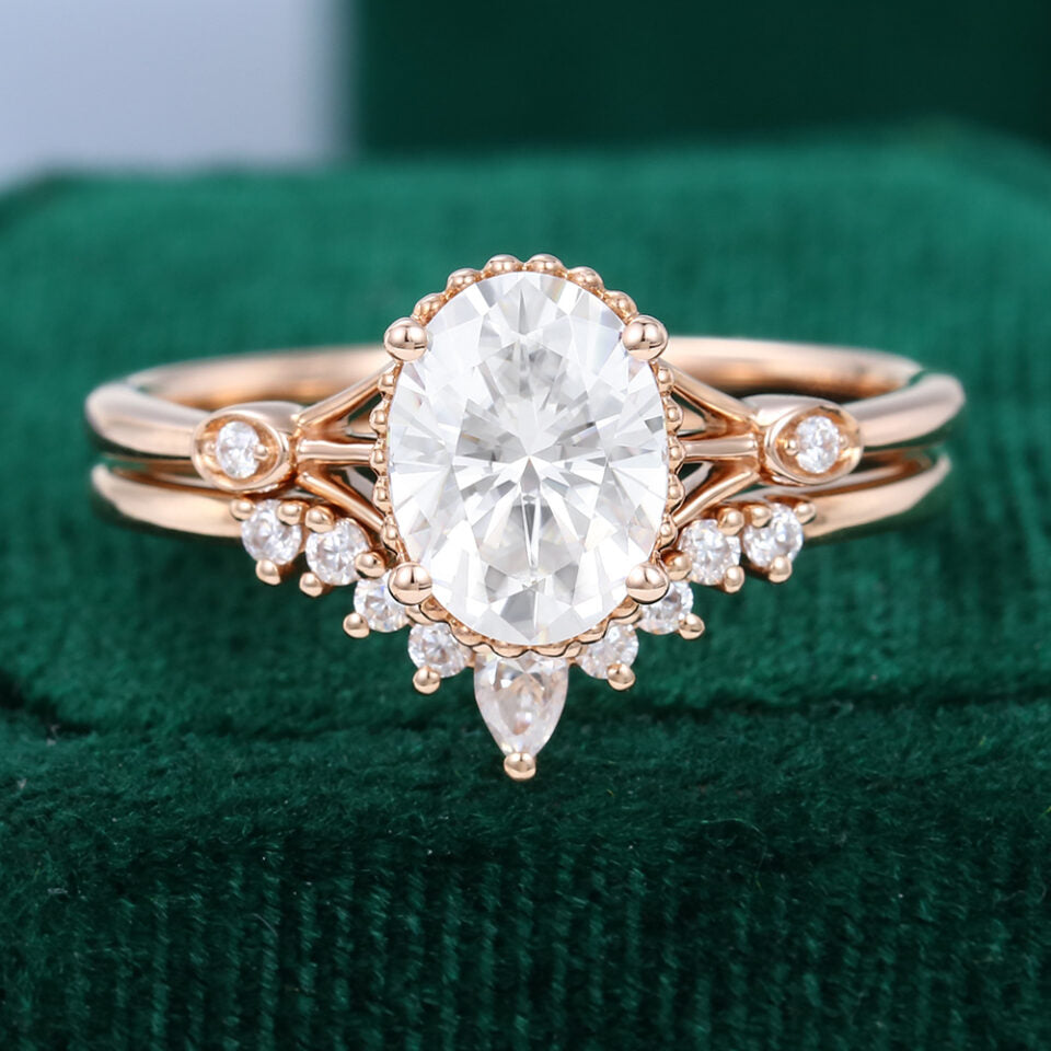 Oval Cut Moissanite Rose Gold Diamond Engagement Ring Set