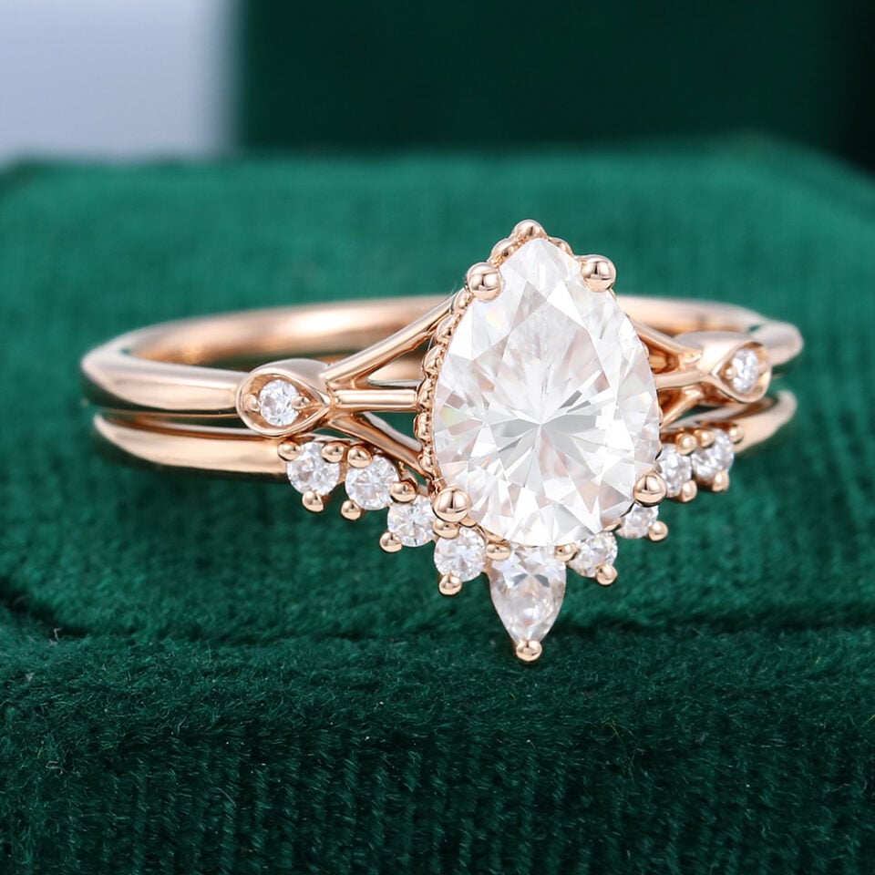 Pear Shaped Moissanite Rose Gold Diamond Engagement Ring Set