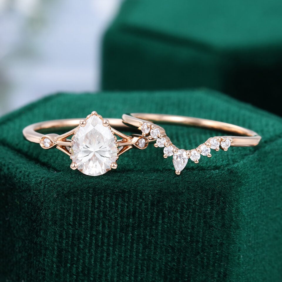 Pear Shaped Moissanite Rose Gold Diamond Engagement Ring Set