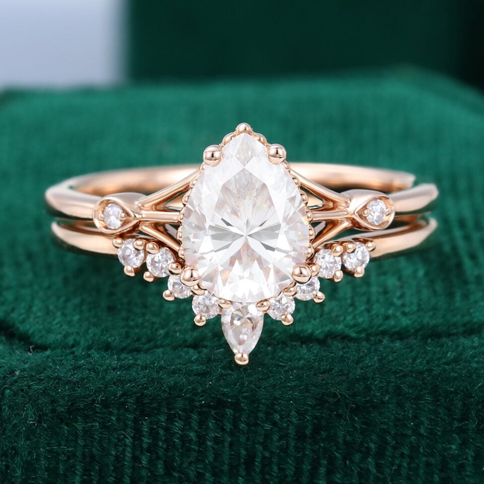 Pear Shaped Moissanite Rose Gold Diamond Engagement Ring Set