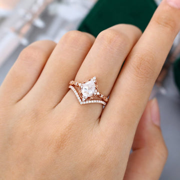 Filigree Floral Halo Engagement Ring Set Pear Shaped Moissanite Ring Set