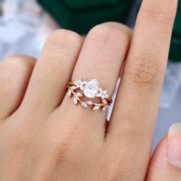 Pear Cut Moissanite Engagement Ring Set Nature Inspired Bridal Set