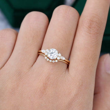 Vintage Yellow Gold Round Cut Moissanite Engagement Ring Set