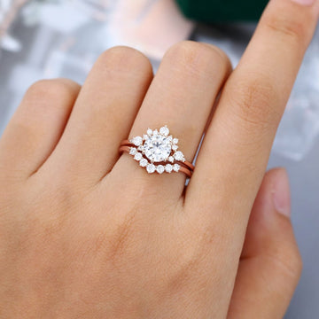 Unique 1.2Ct Moissanite Diamond Cluster Engagement Ring Set Rose Gold