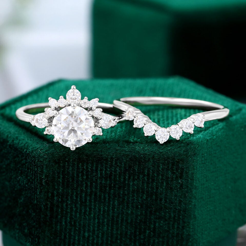 Unique 1.2Ct Moissanite Diamond Cluster Engagement Ring Set Rose Gold