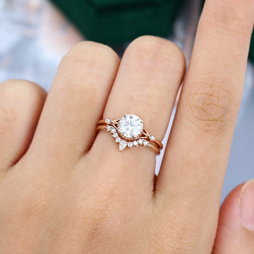 Rose Gold Unique Moissanite And Diamond Engagement Ring Set
