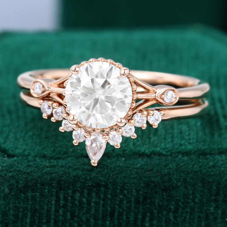 Rose Gold Unique Moissanite And Diamond Engagement Ring Set