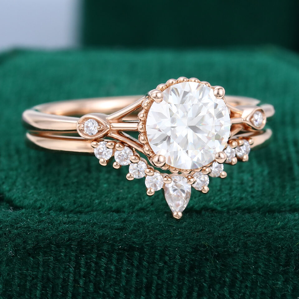 Rose Gold Unique Moissanite And Diamond Engagement Ring Set