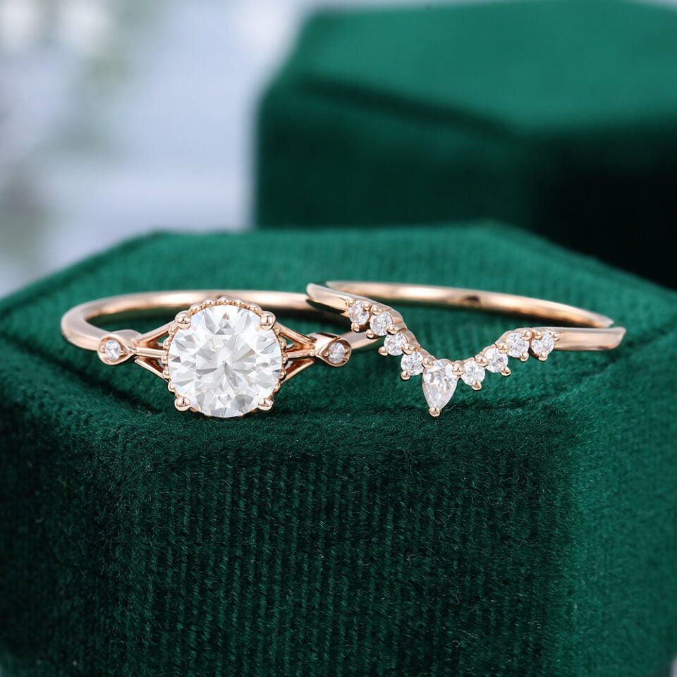 Rose Gold Unique Moissanite And Diamond Engagement Ring Set