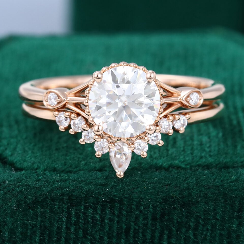 Rose Gold Unique Moissanite And Diamond Engagement Ring Set