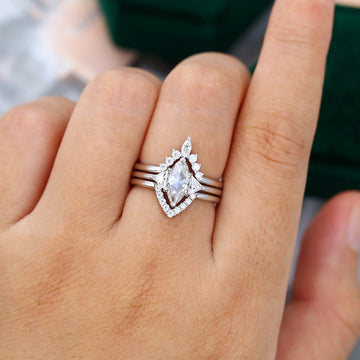 3PCS Rose Cut Marquise Shaped Moissanite Engagement Ring Set In White Gold