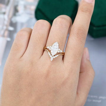 Yellow Gold Marquise Moissanite Engagement Ring Set