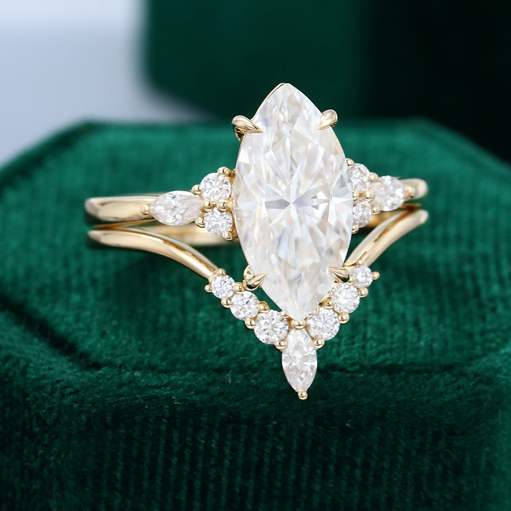 Yellow Gold Marquise Moissanite Engagement Ring Set
