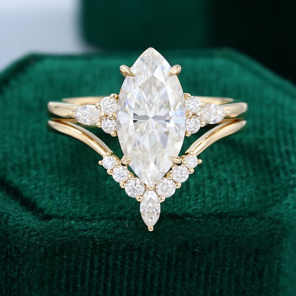 Yellow Gold Marquise Moissanite Engagement Ring Set